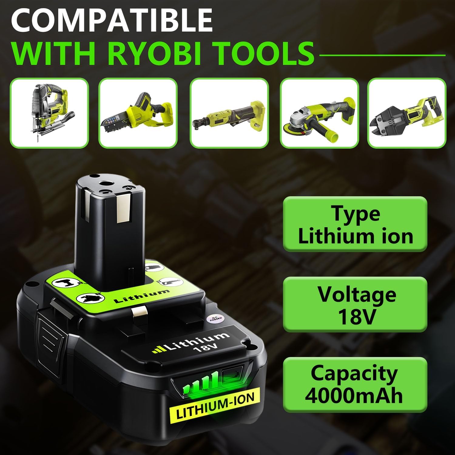 Replacement for Ryobi 18V Battery: 18V 4.0Ah Lithium-ion Compatible with Ryobi P102 P103 P105 P107 P108 P109 P122 Cordless Power Tools 2 Pack