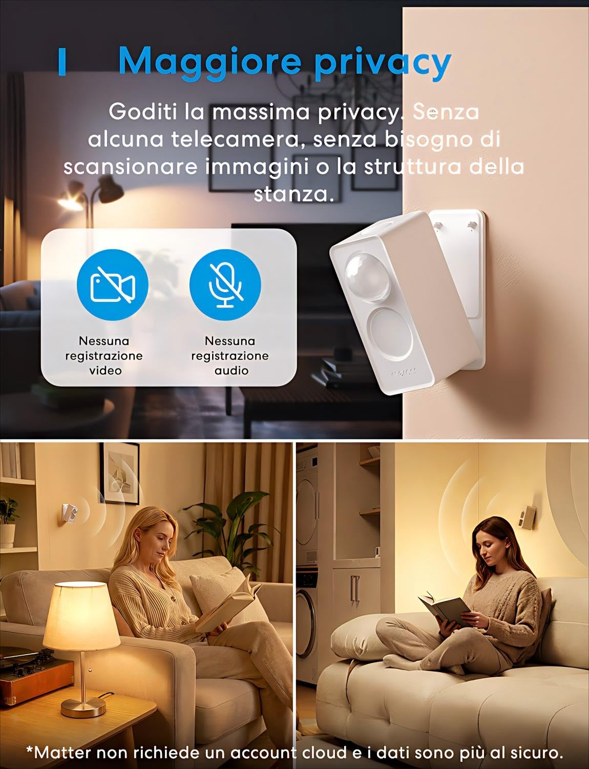 Meross Sensore di Presenza Matter over Thread, Sensore di Movimento IP67 con Rilevamento a 3 Zone, Sensore Movimento a Batteria Compatibile con Apple HomeKit, Alexa, Google Home