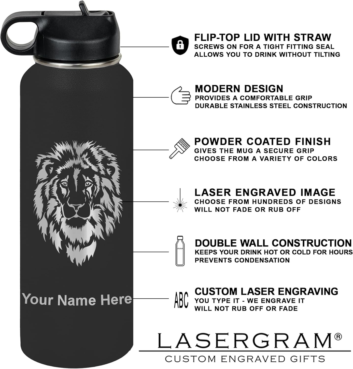 LaserGram Personalized Water Bottle, Bible Verse John 3-16, Stainless Steel Double Wall Vacuum Insulated with Flip Top Straw, Custom Engraved Gift (40oz / 1180ml Black)