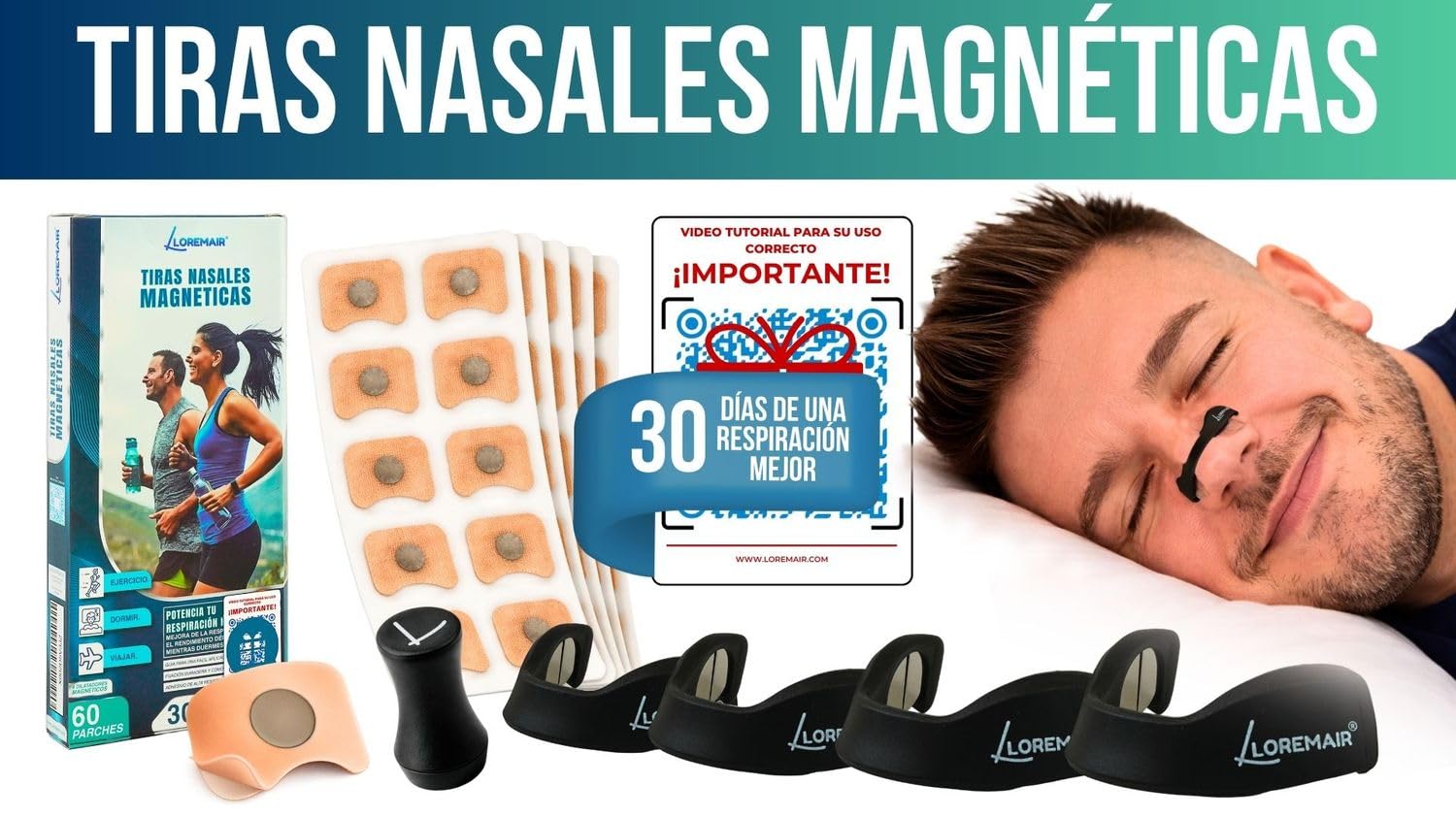 Tiras Nasales Magnéticas Deportivas | Tiras Nasales para Dormir | Dilatador Nasal Antironquidos | Mejora la Respiración y Rendimiento | 4 Arcos Magnéticos + Aplicador + 60 Parches (30 Días)