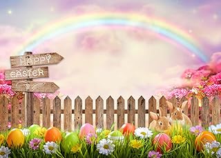 SJOLOON Spring Easter Backdrop Colorful Eggs Rabbit with Rainbow Backdrop for Easter Party Decoration Baby Shower Studio Props 12395 (7x5FT)