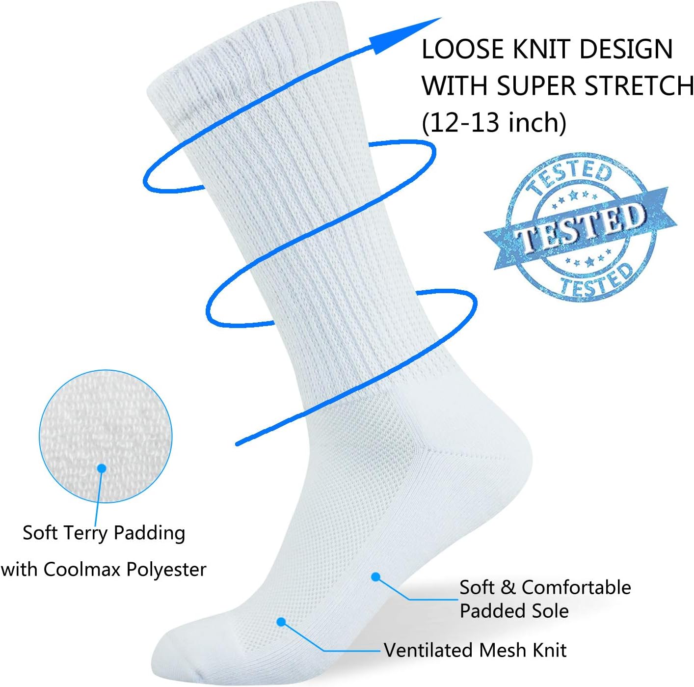 Well Knitting Loose Men's Diabetic Crew Socks,Non-Binding Top,Seamless Toe,Semi Cushion,Breathable Soft Coolmax Socks 4 Pairs