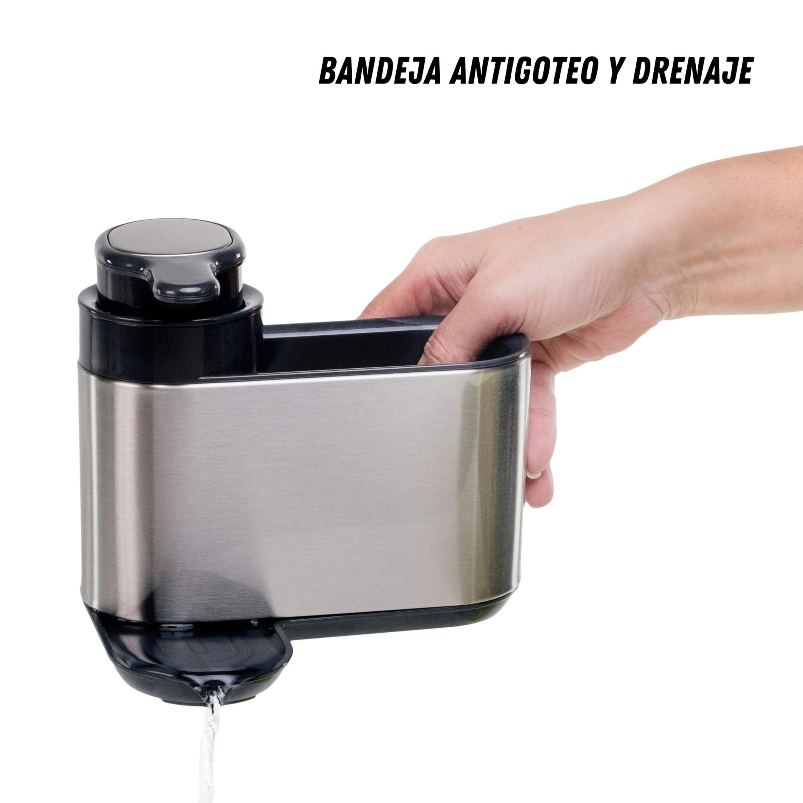 Erreke Dispensador de Jabón de Cocina, Acero Inoxidable Antihuellas | Dosificador Jabón Cocina con Soporte para Esponja. Larga Duración. Para Líquido Lavavajillas. Recargable