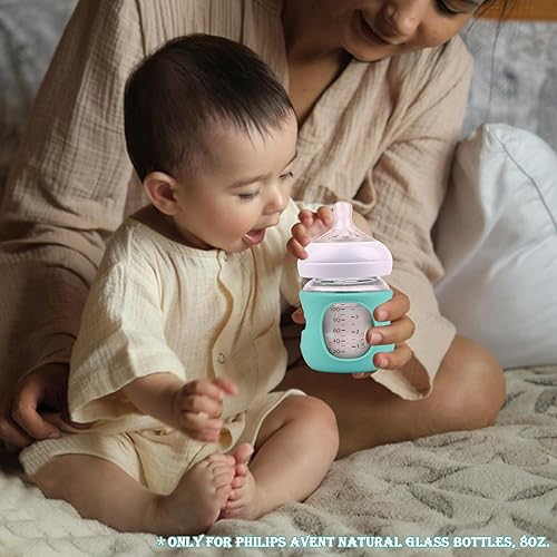 Miniatura 6 de Paquete de 3 fundas de silicona para biberones de vidrio natural Avent, soporte para biberones antiroturas, compatible con biberón natural de vidrio