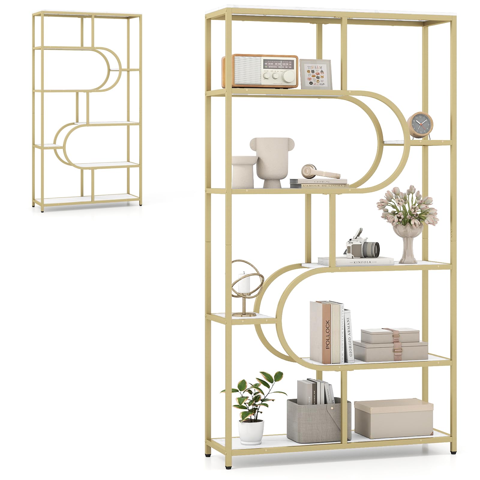 HOMASIS Libreria a Multi Livelli in Legno a Forma di Mezzaluna, Mensola da Parete con Ripiani Aperti, Scaffale Contenitore per Soggiorno, Ufficio (Bianco, Modello 1, 95 x 30 x 175 cm)