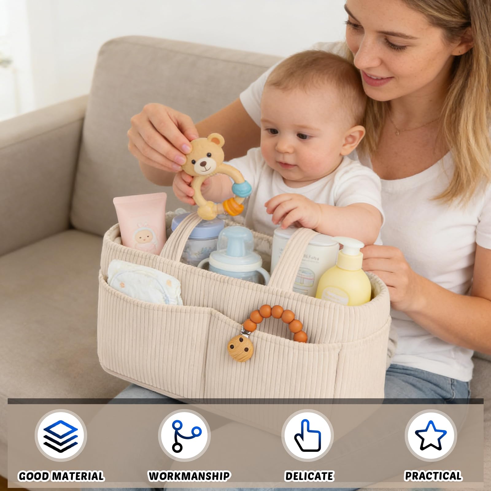 GBKDQQ Organiseur de sac à langer bébé multifonction portable compartiments amovibles peluche beige