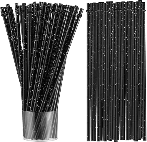 200 popotes de repuesto con purpurina con cepillo de limpieza de 11 pulgadas, popotes largos y duros reutilizables para vasos y tarros (negro)