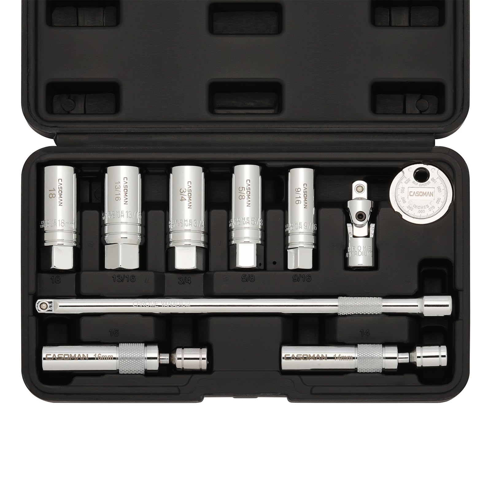 CASOMAN Set di 10 chiavi magnetiche per candele di accensione da 3/8", 6PT e 12PT, include barra di estensione, giunto unviersal e gap per candela, acciaio CR-V