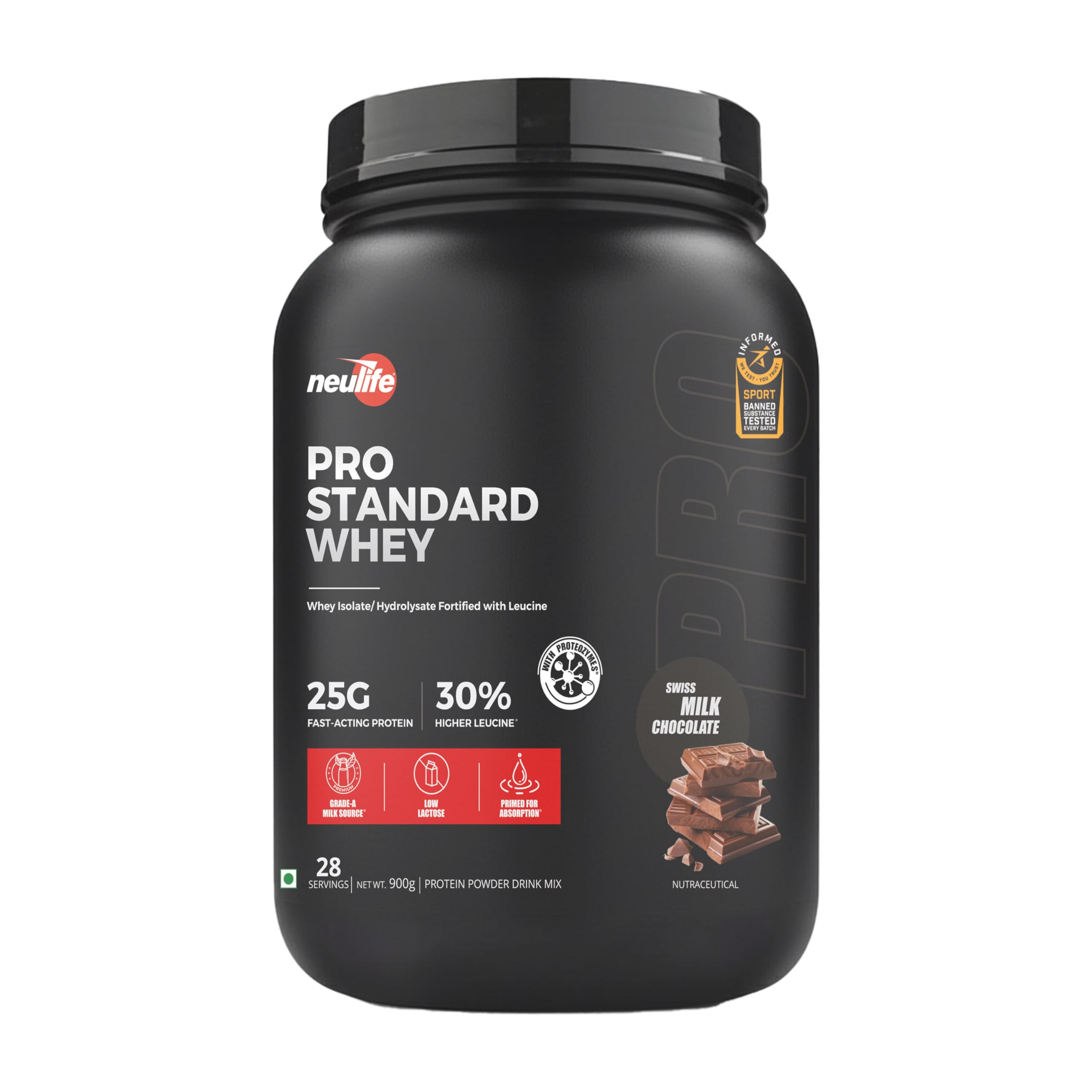 Neulife Pro Standard Whey | Informed Sport Certified Whey Isolate Protein Powder with Hydrowhey Peptides & Added Leucine for Enhanced Muscle Recovery and Growth – 900g (Swiss Milk Chocolate)