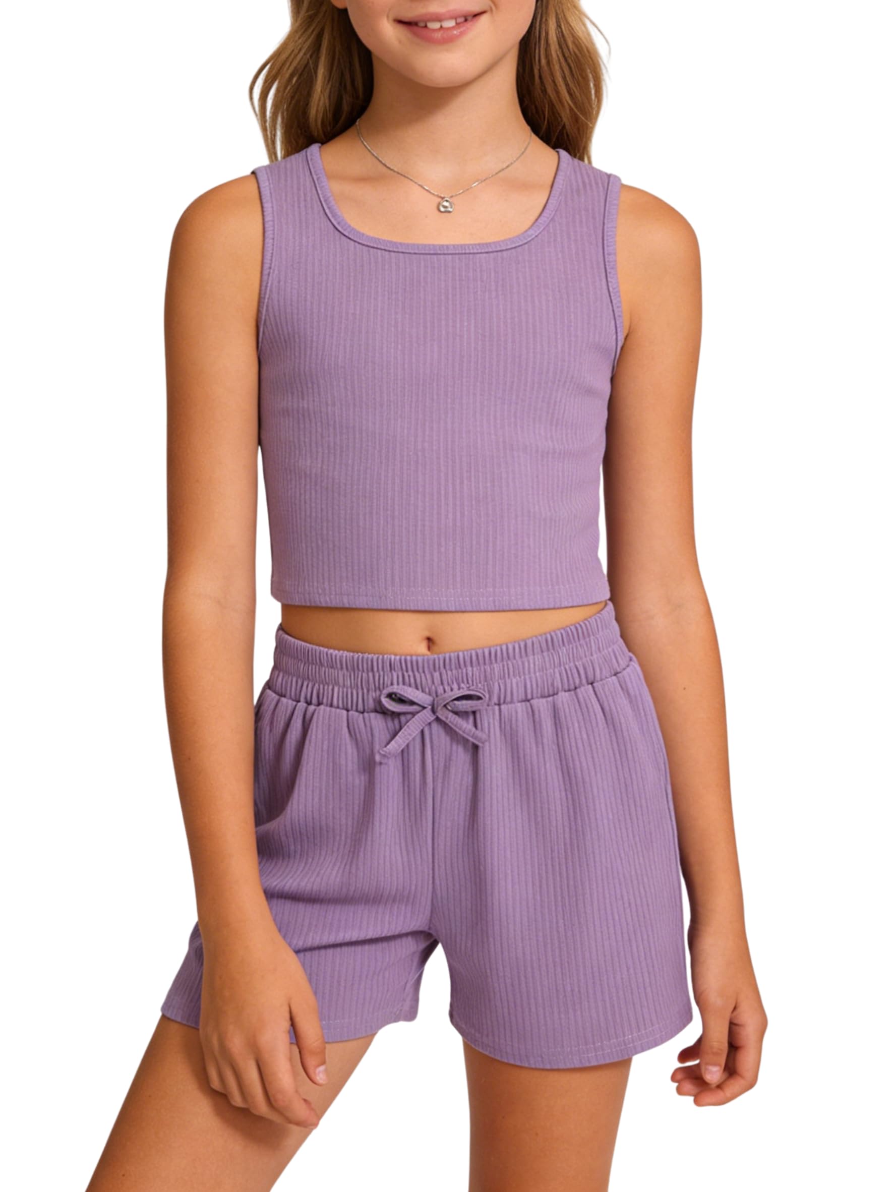 Cakaner Tween Girls 2 Piece Outfit Set Summer Tank Top and Elastic Waist Shorts with Belt Size 7-14