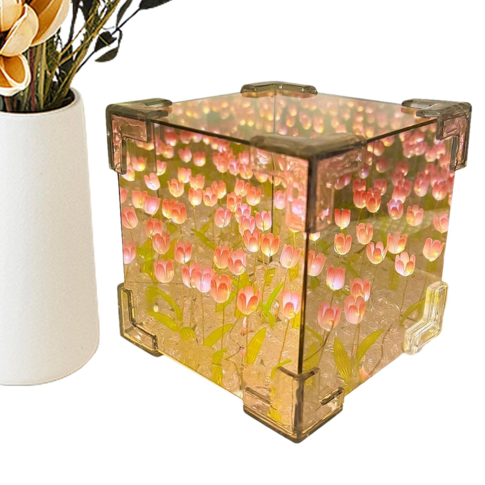 Spizummp Tuli-p Night Light - LED Infinity Mirror Lamp with 4 Colors, 2-in-1 Mirror Simulated Tuli-p Night Lamp, Artificial Tulips Bedroom Flower Table Lamp - Pink