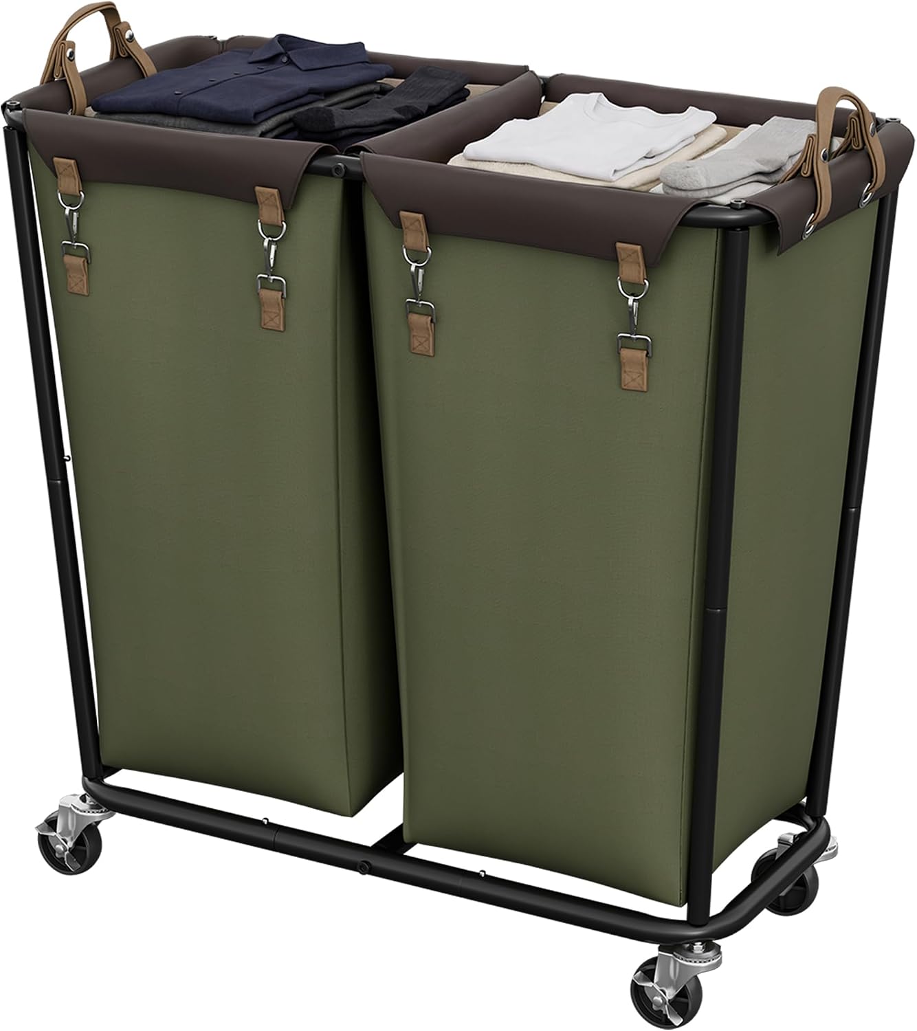 StorageWorks 2 Section Laundry Hamper, 330L Extra Large Green Rolling Cart
