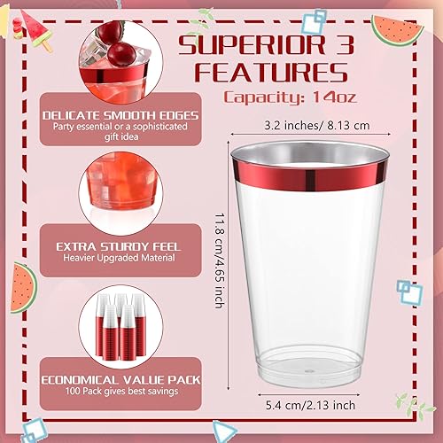Miniatura 2 de Zubebe 100 vasos de plástico con borde de 14 onzas, vasos de vino desechables transparentes duros con borde, elegantes vasos de cóctel desechables