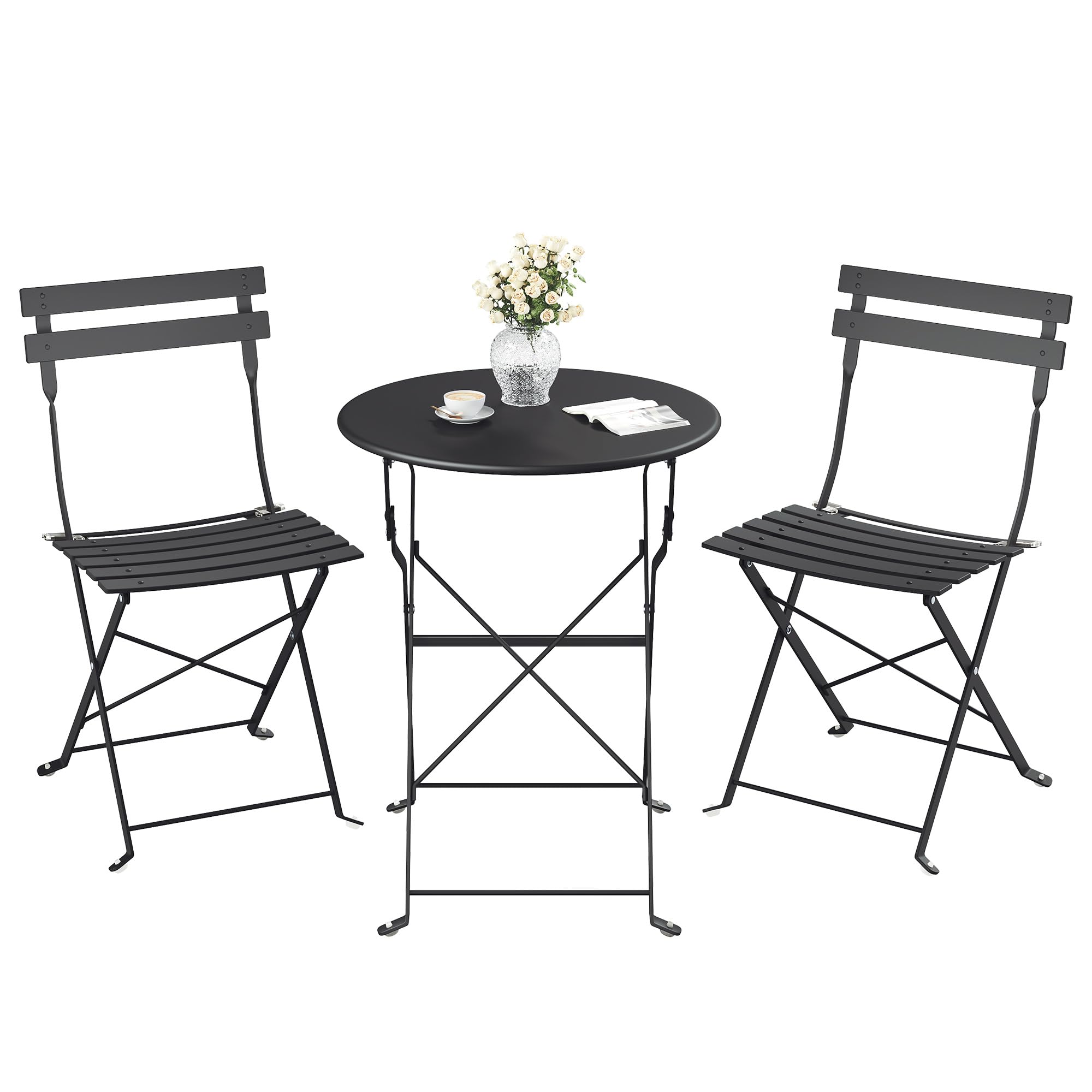 SONGMICS Juego de Jardín de Exterior, 3 Piezas, 2 Sillas y 1 Mesa, Plegable, Salón de Exterior, Acero, Resistente a la Intemperie, para Balcón, Terraza, Negro Tinta GGF036BZ01