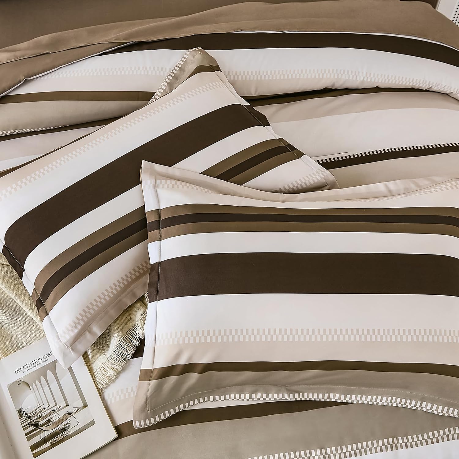 WONGS BEDDING King Size Comforter 7 Pieces, Brown King Comforter Set with Sheets, Striped Bed in a Bag Boho Lightweight Bedding Set for All Seaon (104"×90") - Image 5