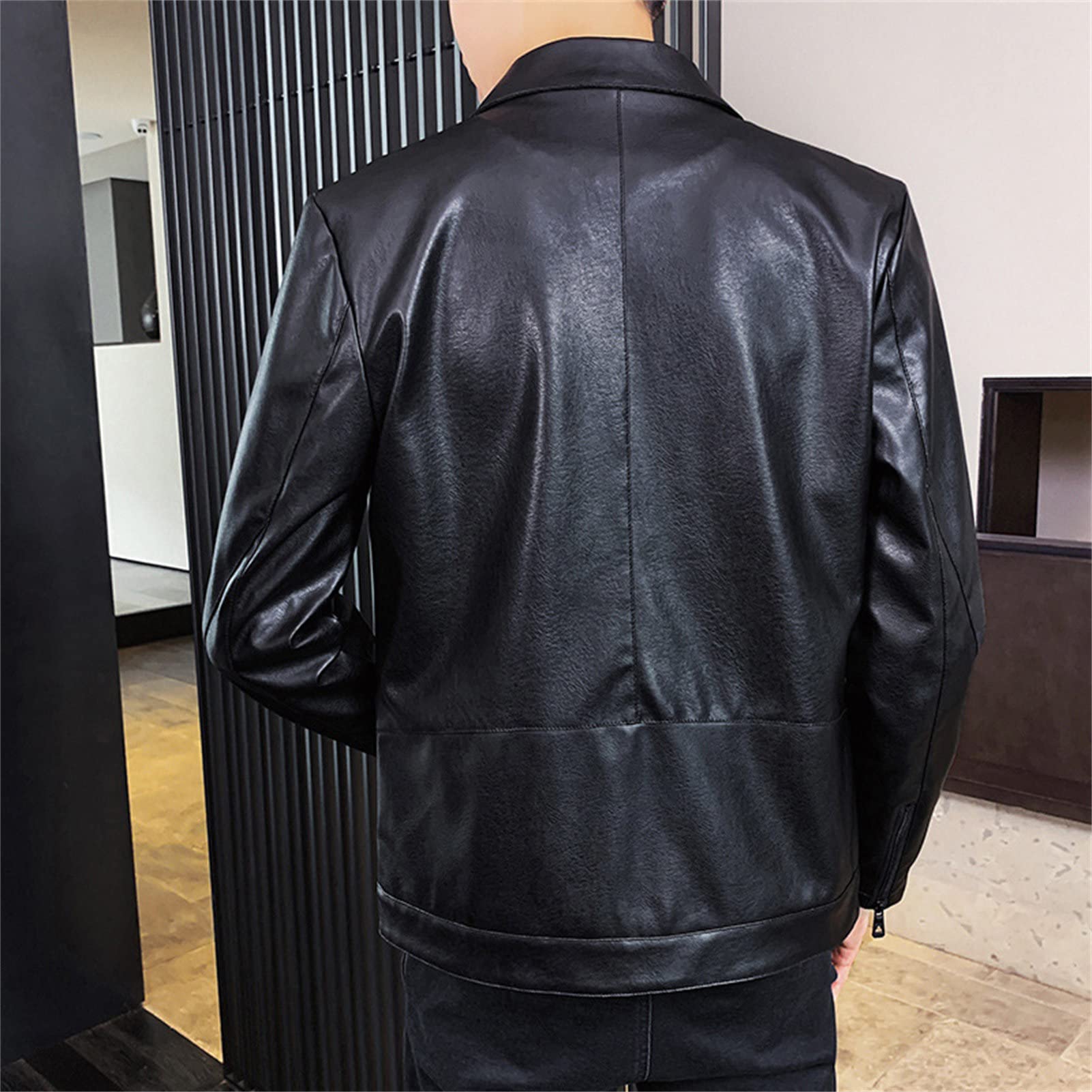 Maiyifu-GJ Men Lapel Faux Leather Motorcycle Jacket Vintage Zip Up Slim Fit Biker Coat Lightweight Classic PU Leather Jacket (Black,4X-Large)