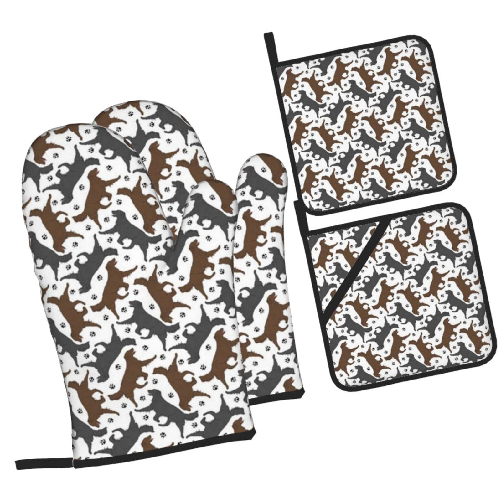 Trotting Flat Coated Retrievers Paw Printed Oven Mitts and Pot Holders Heat Resistant Set of 4 Pcs, Modern Kitchen Gloves & Potholders for Cooking Baking Grilling