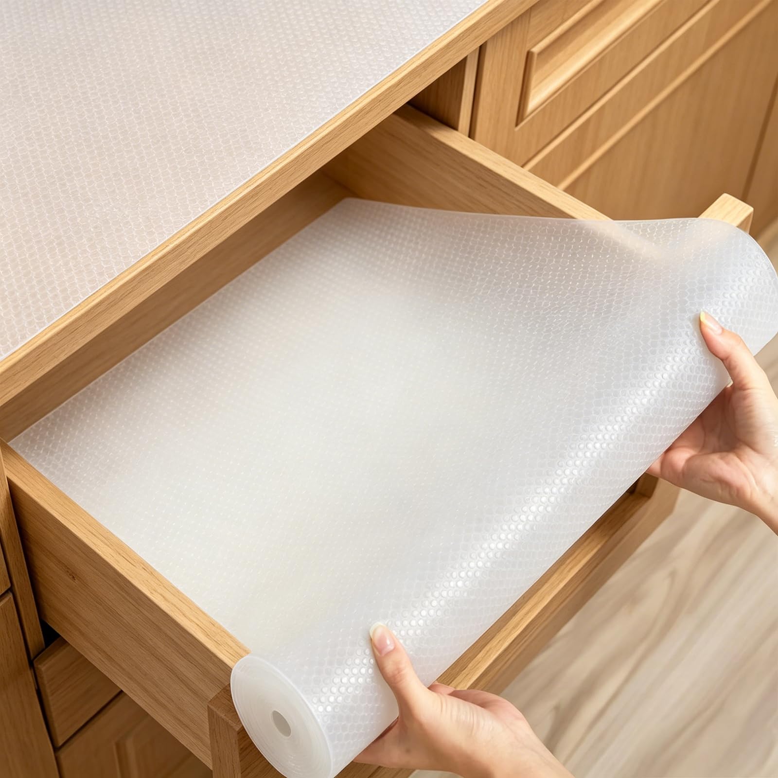 WenYa Drawer Liners 40x300cm, Clear Round Dot EVA Shelf Liner, Non-Slip Non-Adhesive Waterproof Oil-Proof Wipeable Cabinet Mat for Kitchen Cupboard Fridge Bathroom Bedroom