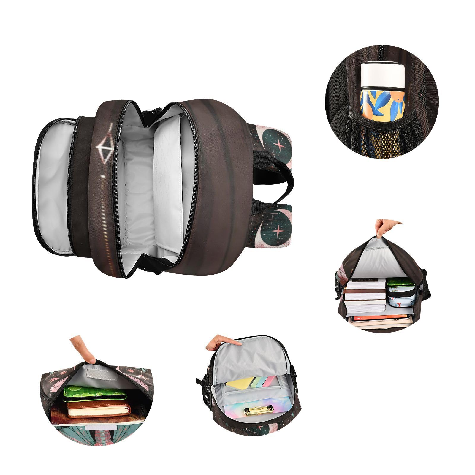 ALAZA Mochilas escolares de viaje con diseño de polilla, mariposa, luna, estrella, bruja, para niños, niñas, adolescentes, mujeres y hombres, Varios colores, 12.9 x 5.1 x 17.7inch, Mochilas Daypack