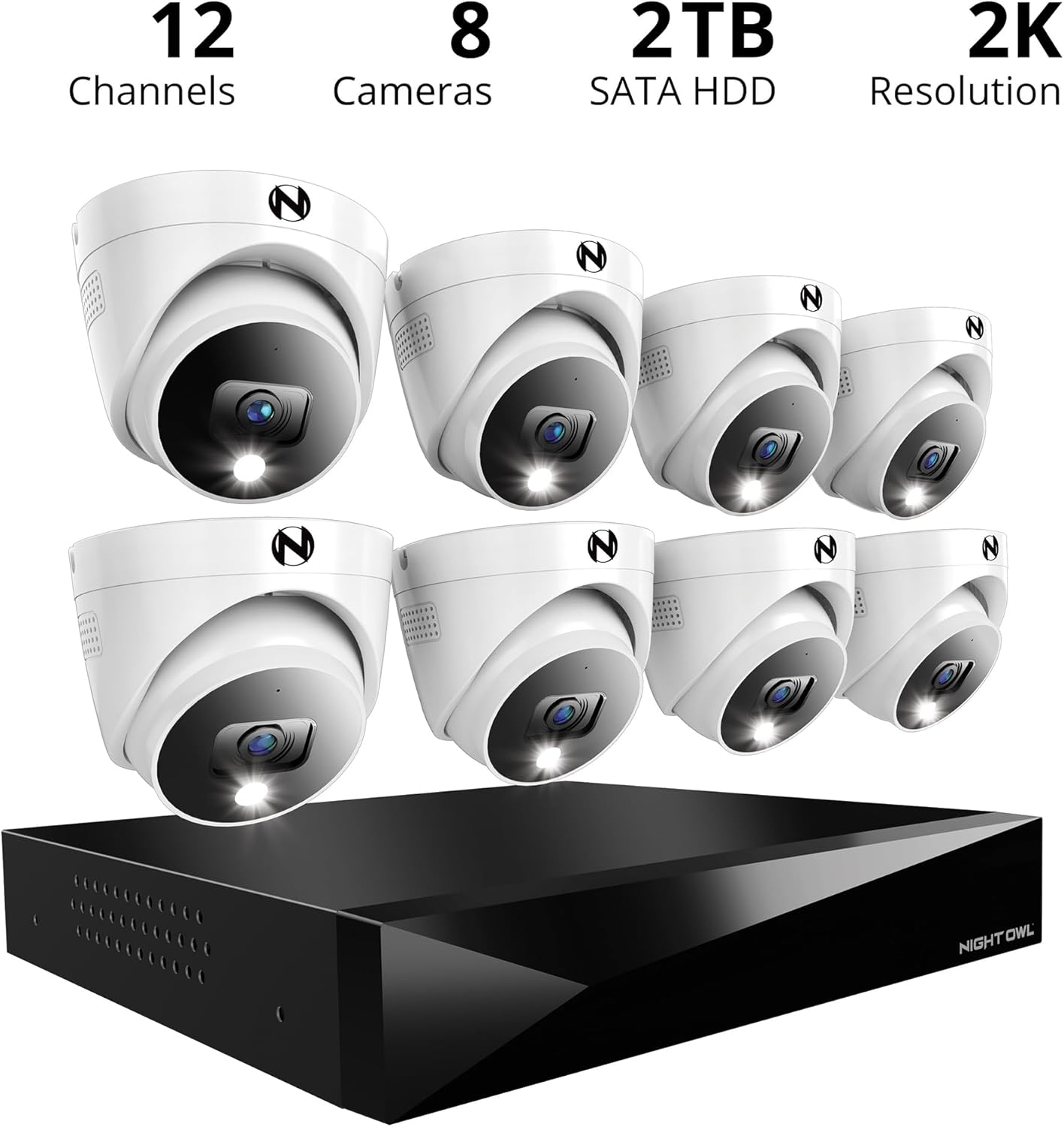 Night Owl 2-Way Audio 12 Channel DVR Video Home Security Camera System with (8) Wired 2K HD Indoor/Outdoor Deterrence Dome Cameras and 2TB Hard Drive (Add up to 4 Wi-Fi Cameras) (8 Camera)