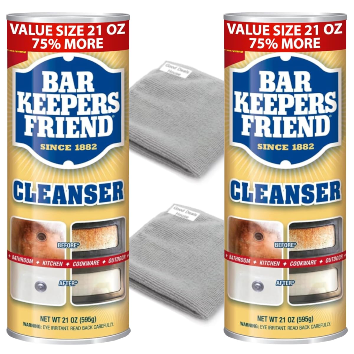 Bundle: Bar-Keeper`s Friend Powder Cleanser Value Size 21 OZ - 2 Pack & Microfiber Cleaning Towels 16x12 inch - 2 | 2 * BKF 21 oz + 2 towels