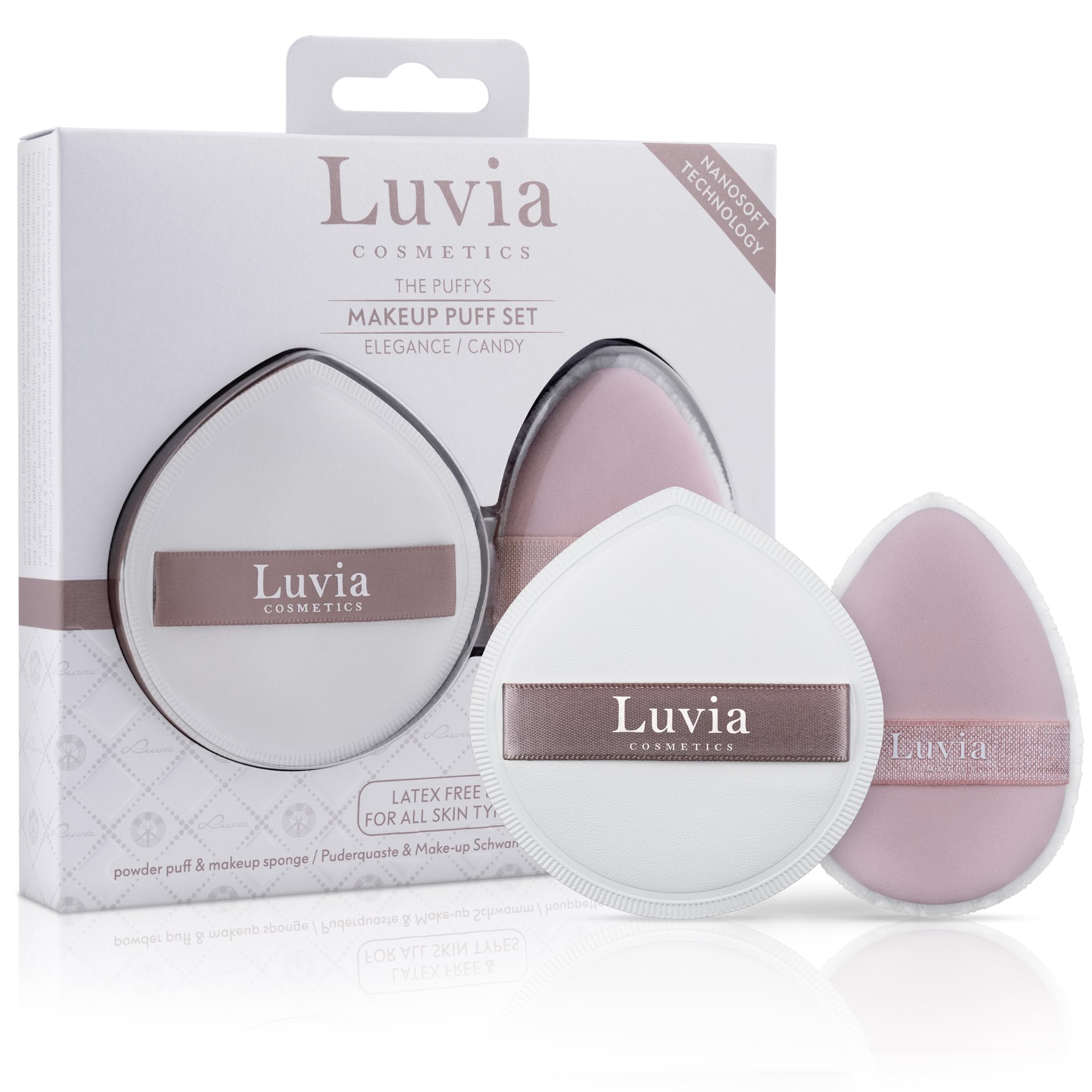 Duo Puff Kit Elegance/Candy – Luvia Cosmetics The Puffys, Puffy Puff i gąbka kosmetyczna w zestawie, dwustronny puff do makijażu, profesjonalne pudry do pudru i płynnej tekstury