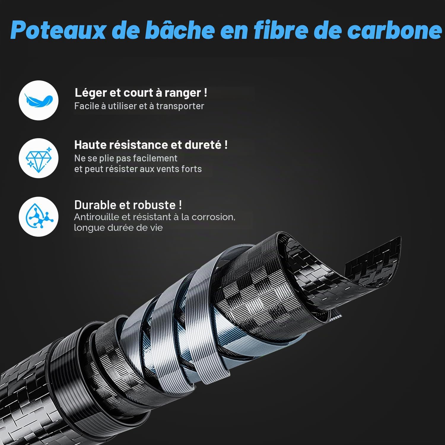 Lot de 2 Poteaux De Tente Télescopiques En Fibre De Carbone - 1.7m/2.1m/2.4m/2.7m/3m - Réglables - En Fibre De Carbone - Ultra Légers Et Ultra Solides - Pour Le Camping Tente, Taps ou voile d'ombrage