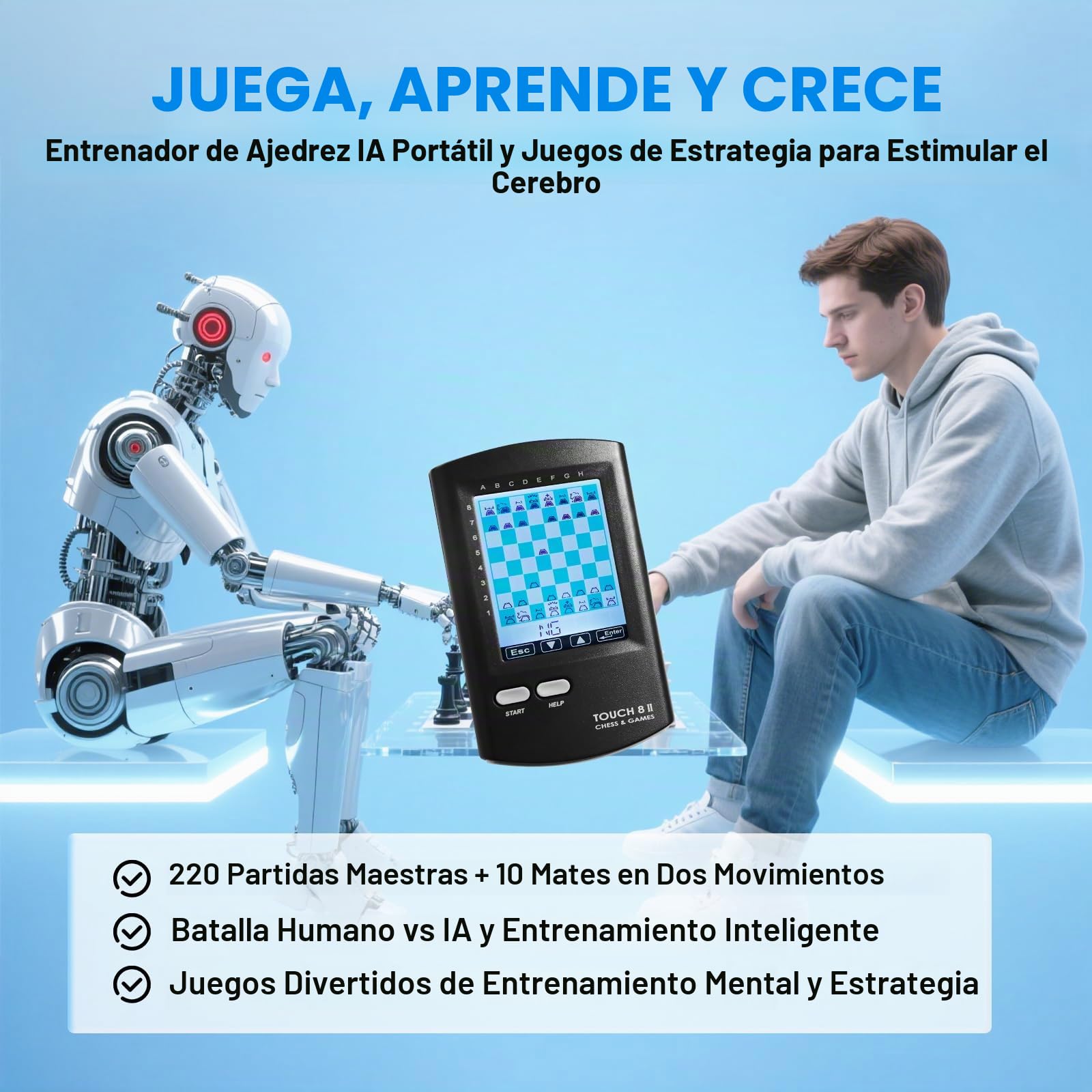 Juego de ajedrez portátil (8 en 1 con entrenamiento de IA, pantalla HD de 7,4 cm, juego de ajedrez de viaje portátil para niños y adultos, más de 220 juegos