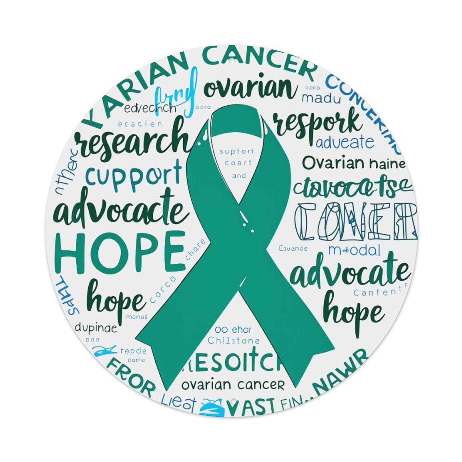 Teal Ribbon Ovarian Cancer Awareness Vintage Metal Tin Sign Retro Wall Decor for Home Bar Garage Cafe, Indoor & Outdoor Decorative，circle Metal Poster, 8x8 Inch