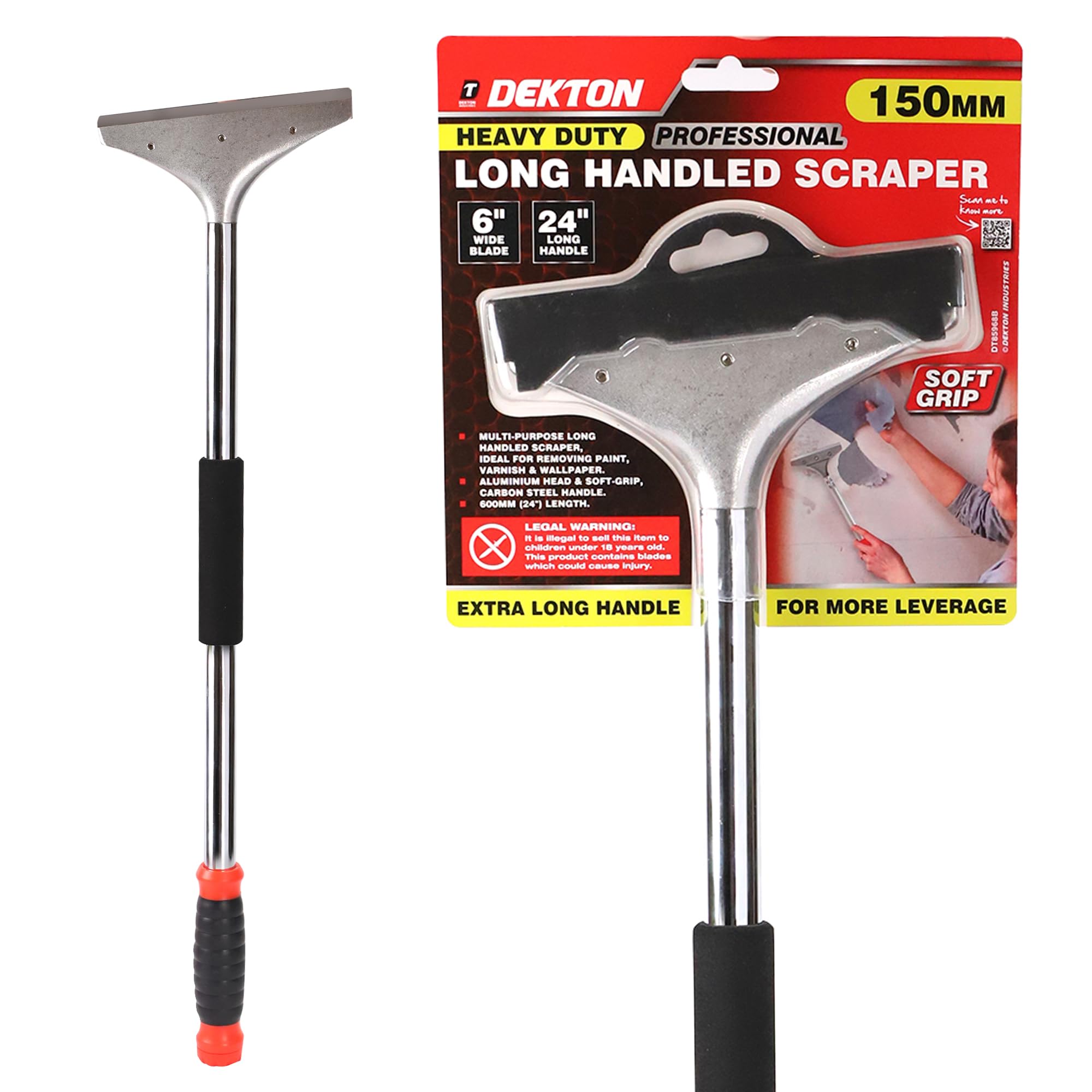 Dekton 6" Heavy Duty Long-Handled Scraper -600mm Soft-Grip Carbon Steel Handle, Aluminium Head, Ideal for Removing Paint, Varnish, Wallpaper & General Surface Prep