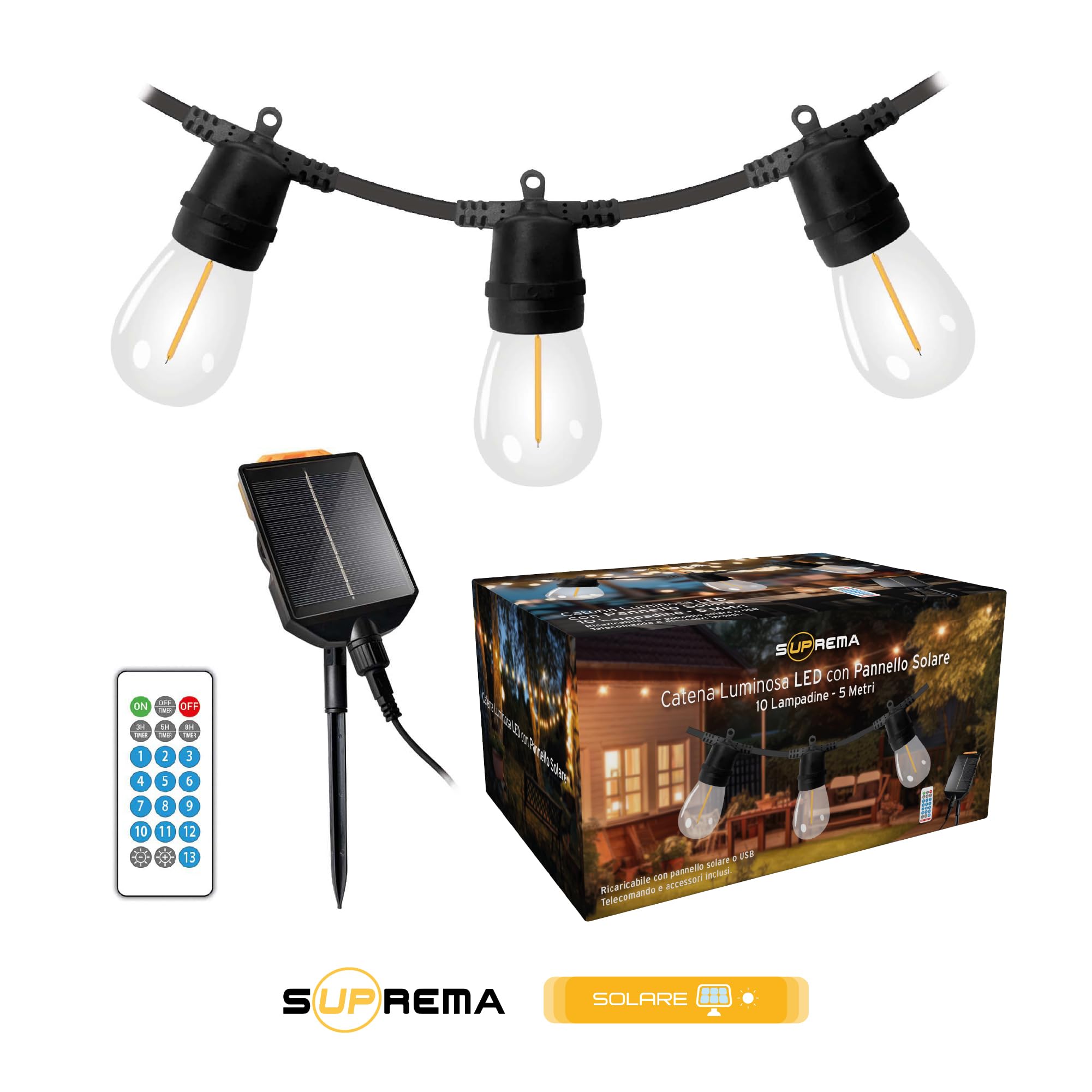 Suprema, Catena Luminosa Esterno Solare 5m, 10 Luci LED, 13 Effetti, Doppia Ricarica USB-C/Solare, Sensore Crepuscolare, IP44, Autonomia 8 Ore