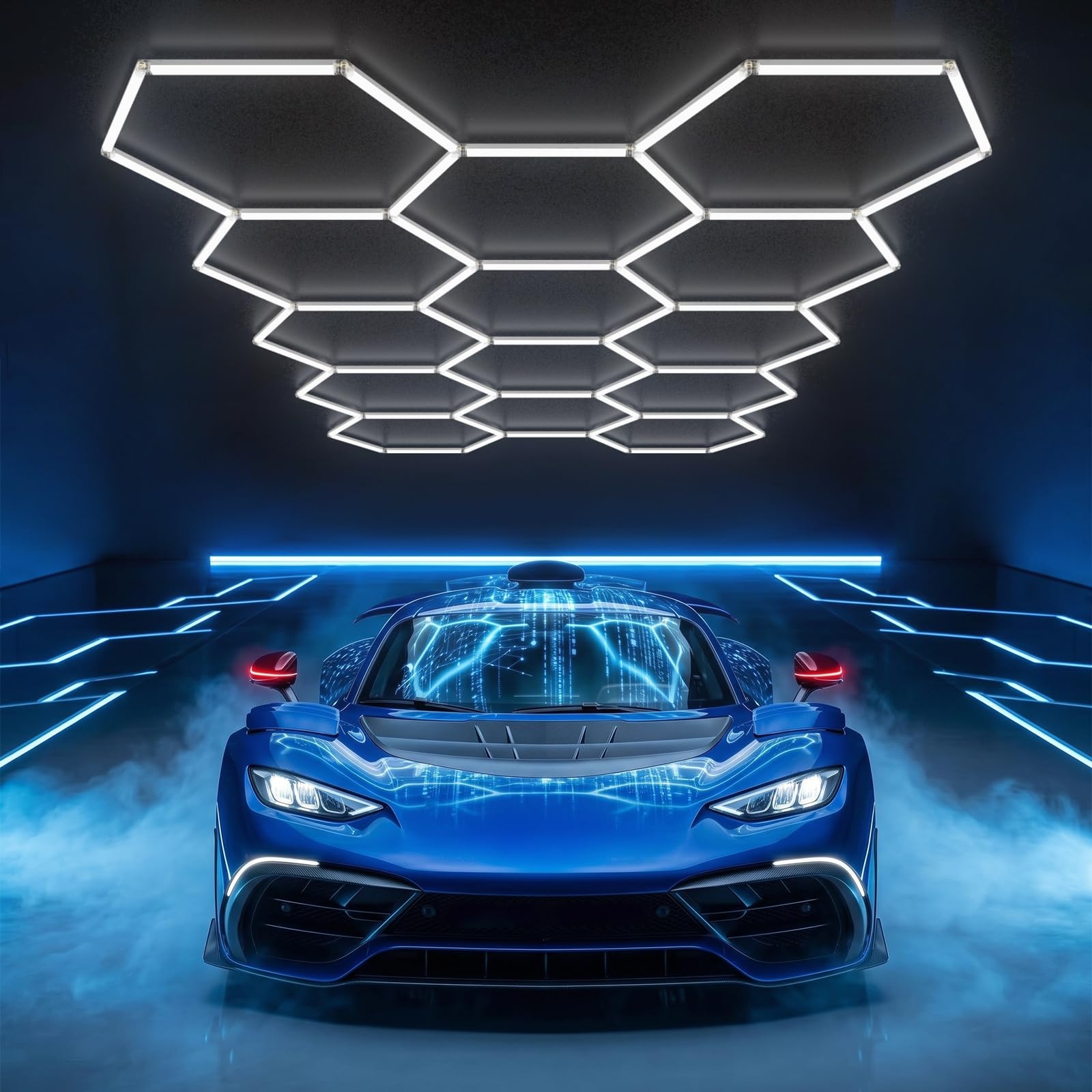 ALLYES Hexagon Garage LED Lights, Ceiling Lights, 65 Packs, 370W, 48,000LM, 6500K Daylight White Honeycomb for Workshop, Warehouse, Car Detailing Shop, Exhibition Hall, Gym
