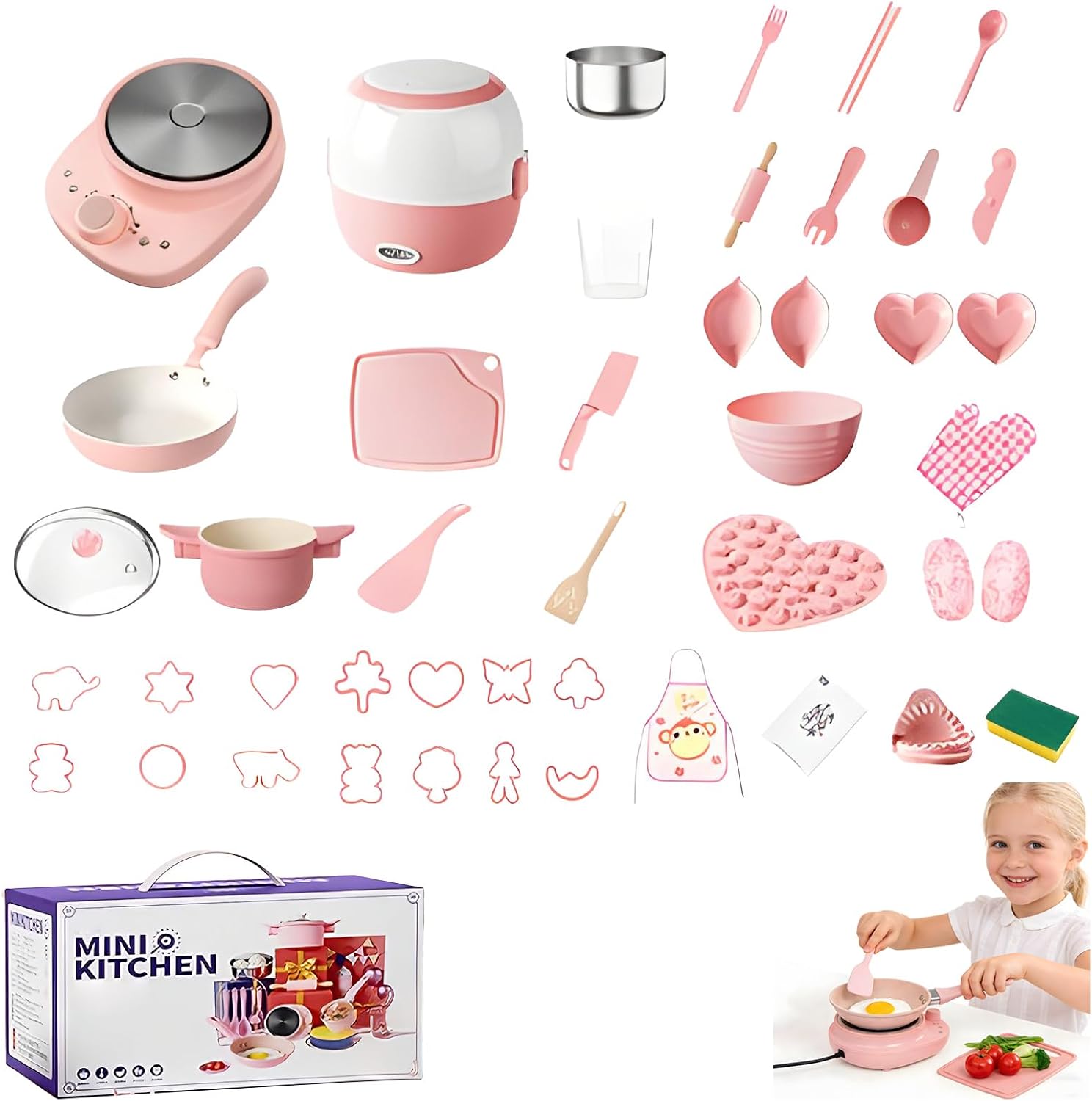 Kids Cooking Sets Real Mini Electric Stove & Pan – Safe Real Food Fun, Functional Junior Chef Kitchen Set for Girls (Pink, 47pc)