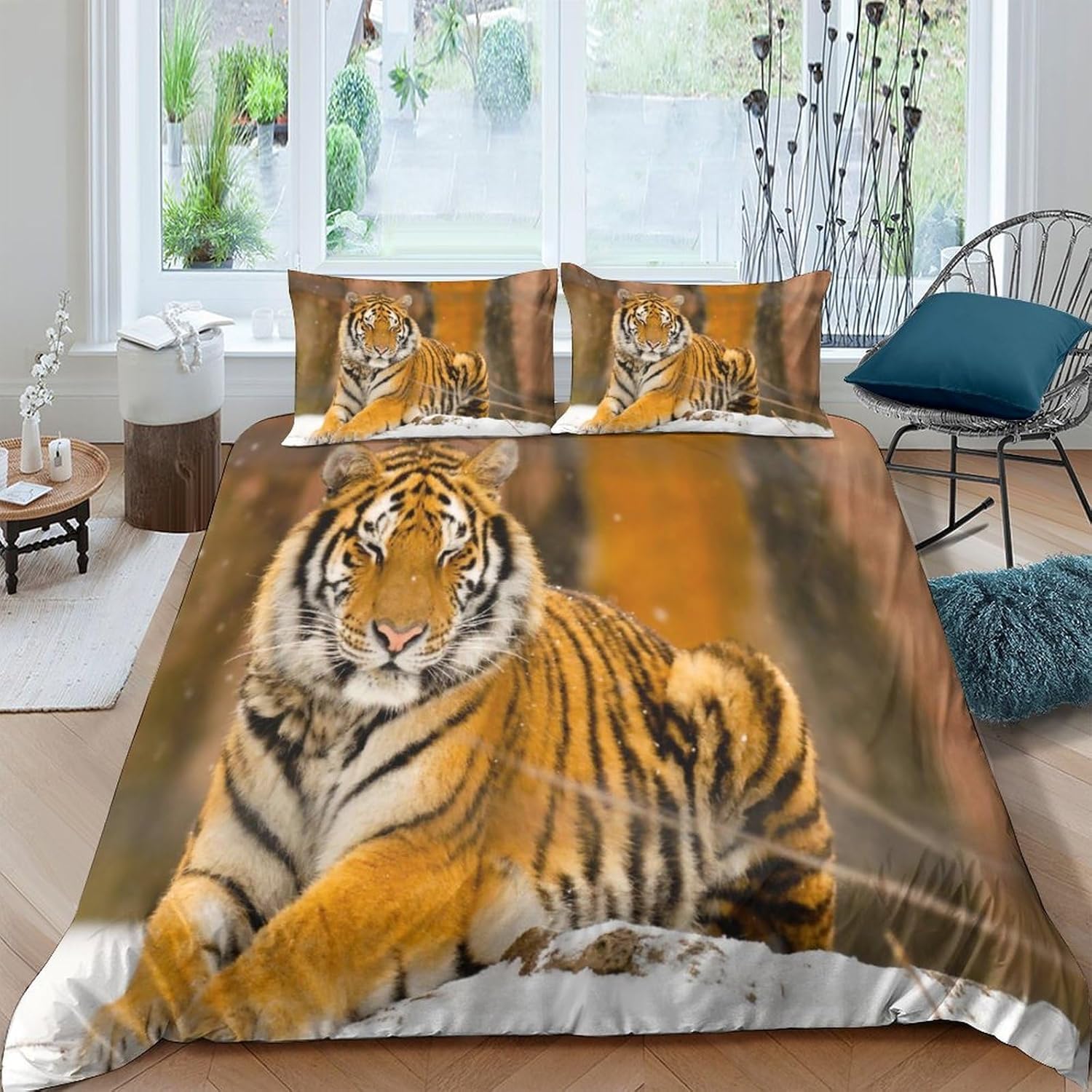 Housse de couette 200x200 cm tigre 3D et parure de lit enfant 3 pièces en microfibre douce