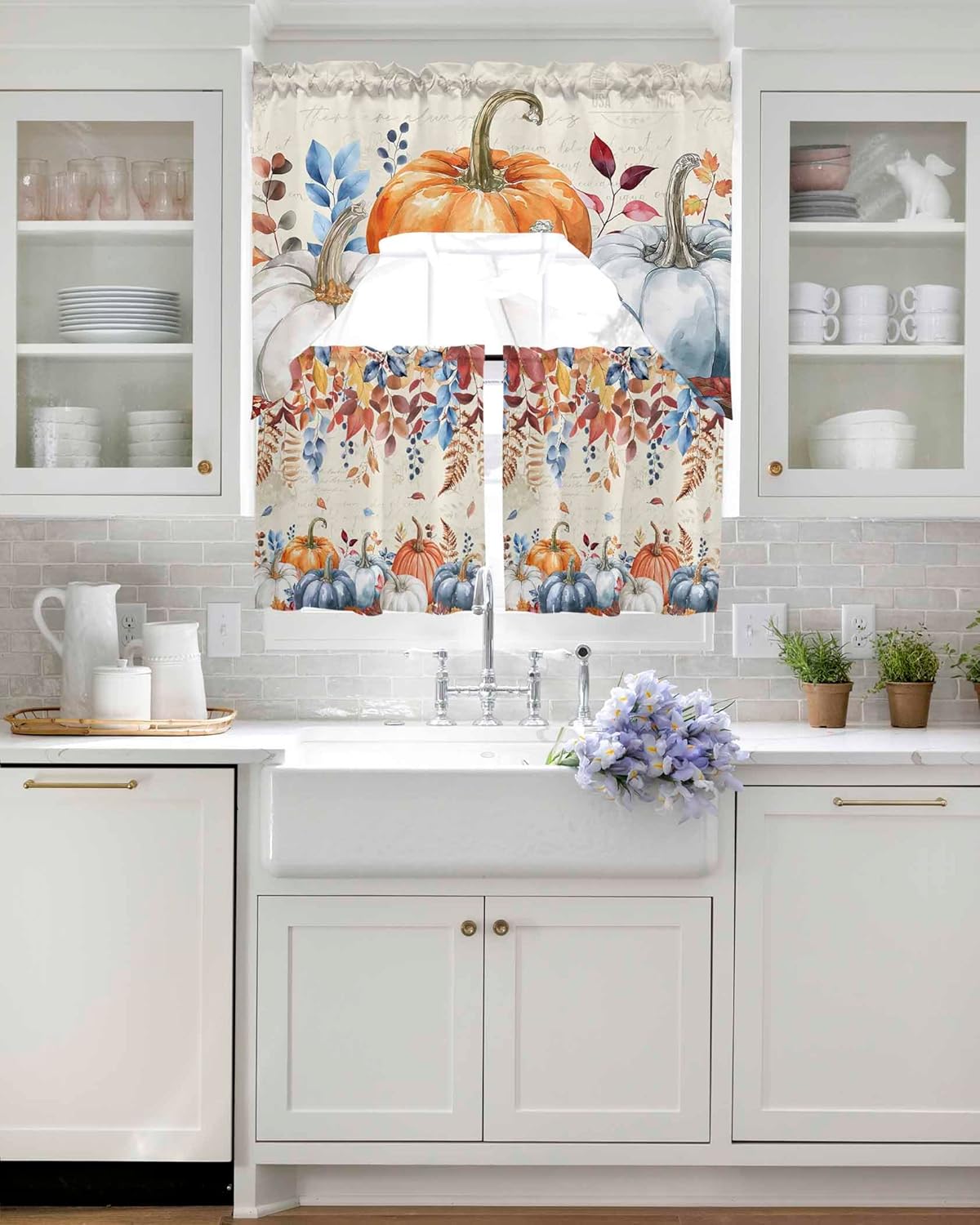 Thanksgiving Blue Pumpkin Swag Kitchen Curtains Valance and Tier Set 24 Inch Length, Vintage Orange Fall Leaves Rod Pocket Swag Curtains for Living Room Bedroom Bathroom Window Drapes 3 Piece
