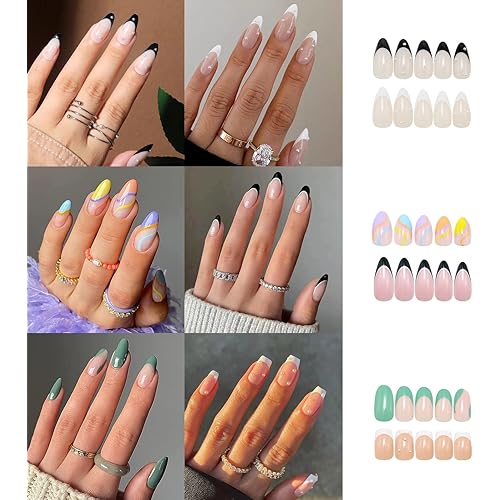 6 Packs (144 Pcs) Press on Nails Medium, Misssix Short Fake Nails Glue on Nails Almond and Square Set with Adhesive Tabs Nail File for Women