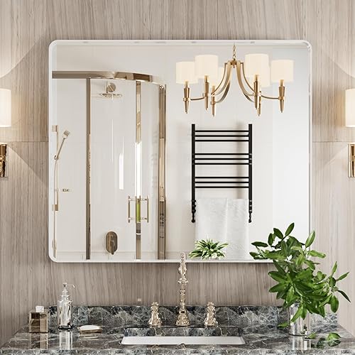 Miniatura 58 de Espejo de baño dorado, 48 x 30 pulgadas, espejo de marco de metal dorado cepillado para pared, espejo rectangular redondeado de tocador de baño