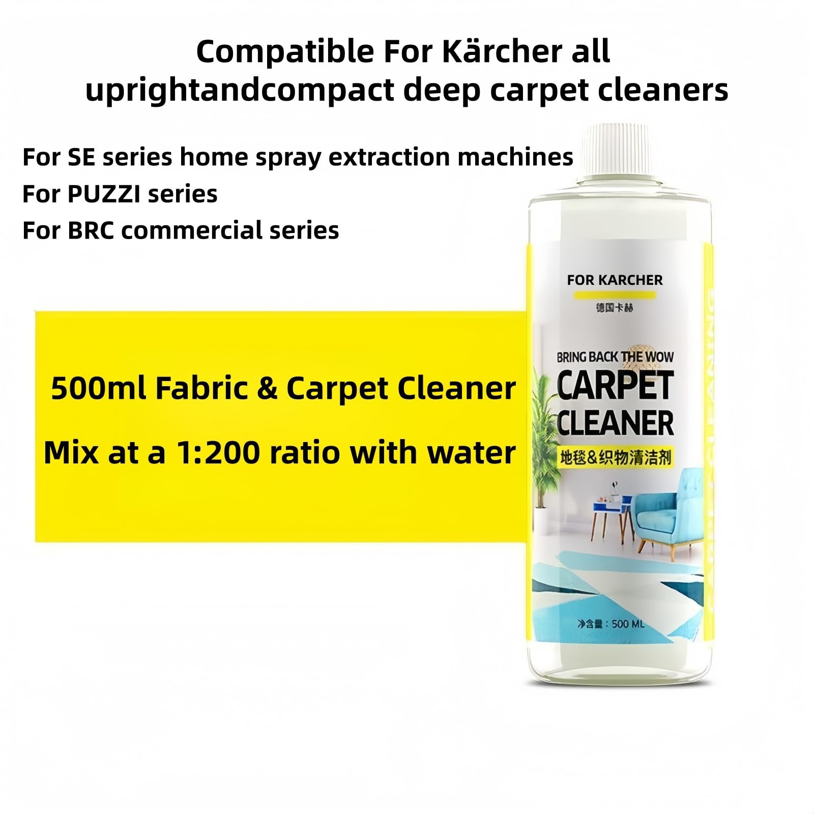Détachant Et Anti-odeurs 500 Ml, Nettoyant For Tapis, Compatible Avec Kärcher SE PUZZI BRC Série. Tous Les Nettoyeurs De Tapis Profonds Verticaux Et Compacts(2PCS)