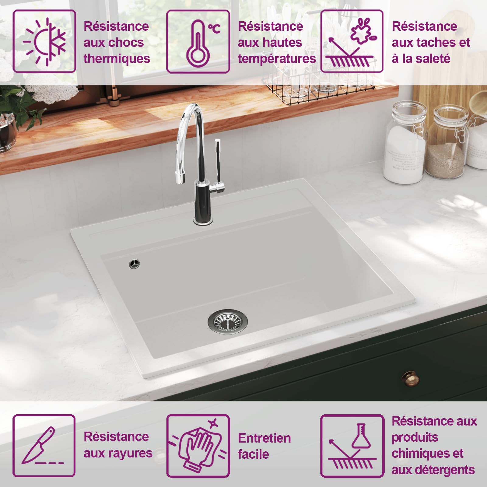 vidaXL Evier de Cuisine Egouttoir Seul Lavabo Encastré Réversible avec Trou de Montage pour Robinet et Distributeur de Savon Intérieur Maison Granit Blanc