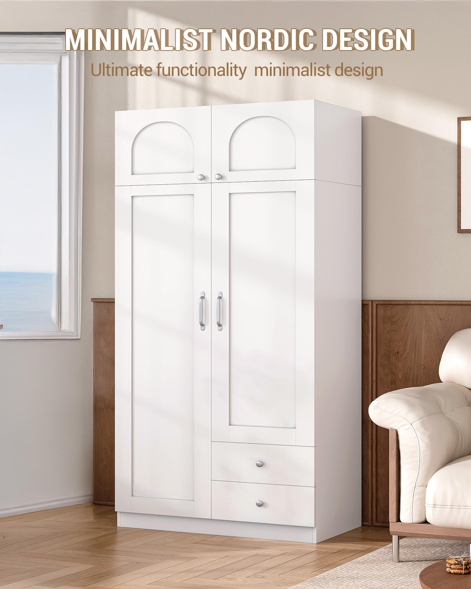 Hzuaneri Armoire avec 4 Portes 2 Tiroirs, Armoire avec Tringle et Étagère de Rangement, Penderie pour Chambre à Coucher, Chambre d'amis et Petits Espaces, Blanc, BW08003E