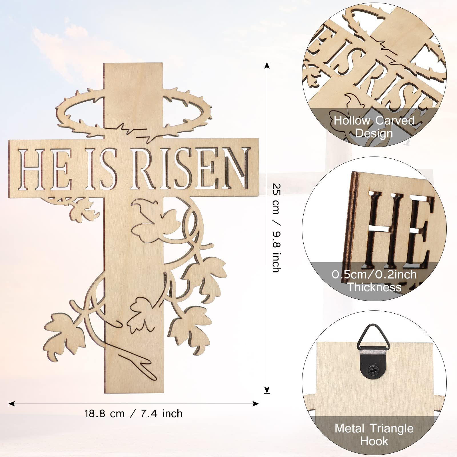Wooden Easter Door Hanger He is Risen Decor Rustic Cross 9.8'' Sign Decor Religious Spring Easter Centerpieces for Tables Carved Christian Wall Art Wood Hand Cross Hanging Wall Sign for Home Decor
