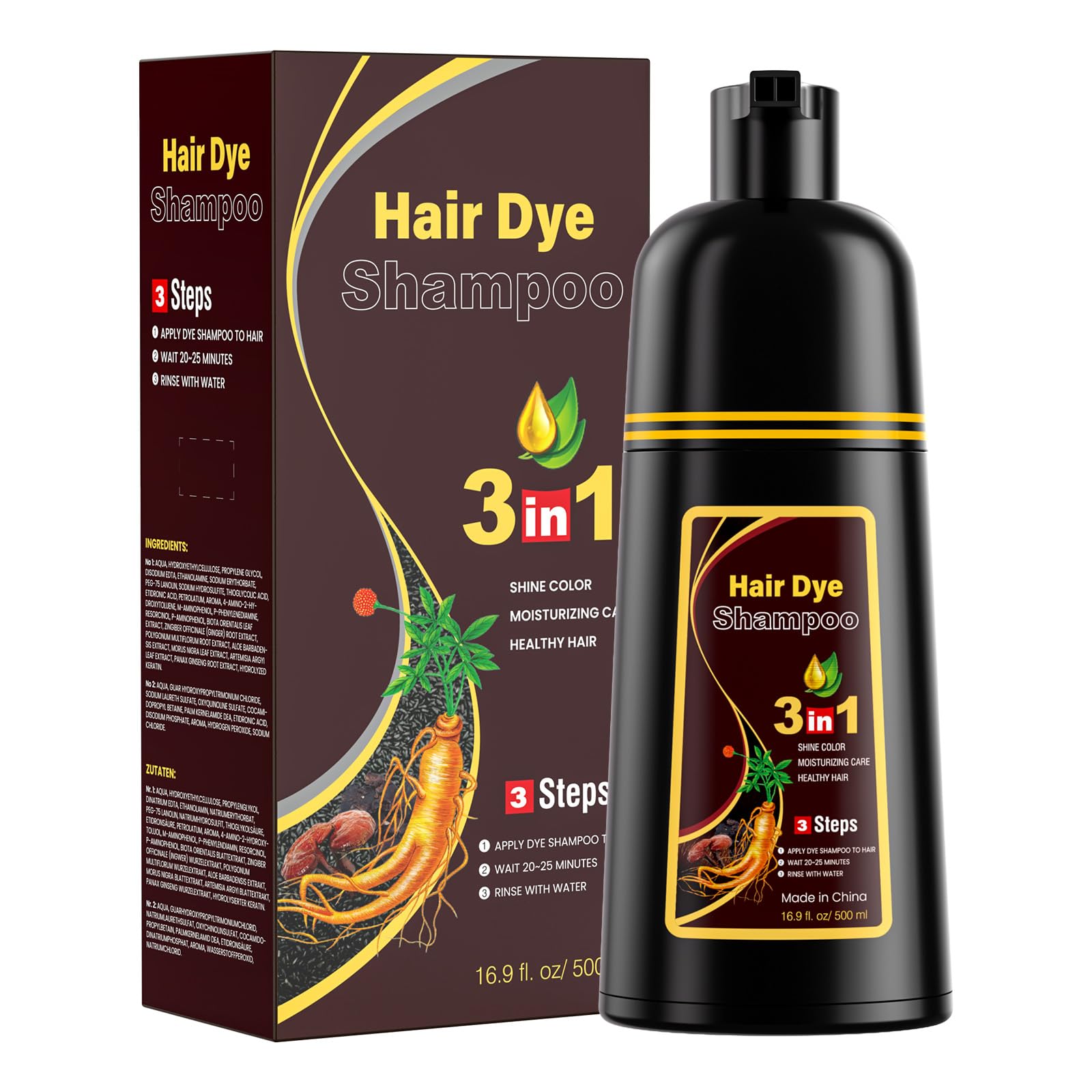 Dark Brown Hair Dye Shampoo 3 in1, Dark Brown Shampoo Hair Dye for Gray Coverage, Natural Hair Color for Women Men, Herbal Formula, Ammonia-free, Lasts 30 Days, 500ml (16.90 oz)