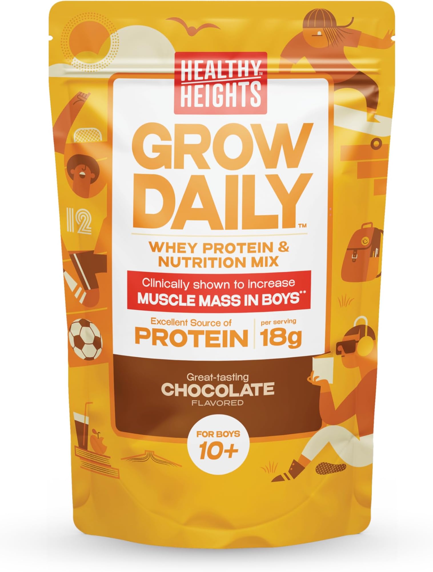 Grow Daily Kids Protein Drink Mix (Chocolate) - High Protein Shake for Boys 10+, 21.6 oz