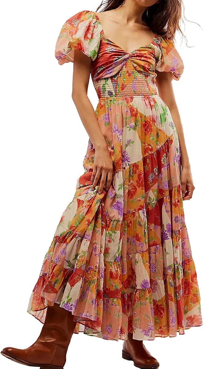 ABYOVRT Women Floral Maxi Dress Short Puff Sleeve V Neck Bohemian Flowy Dress Smocked Casual Spring Summer Dresses