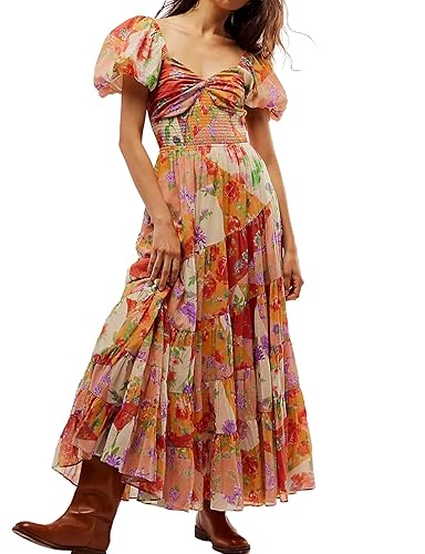 ABYOVRT Women Floral Maxi Dress Short Puff Sleeve V Neck