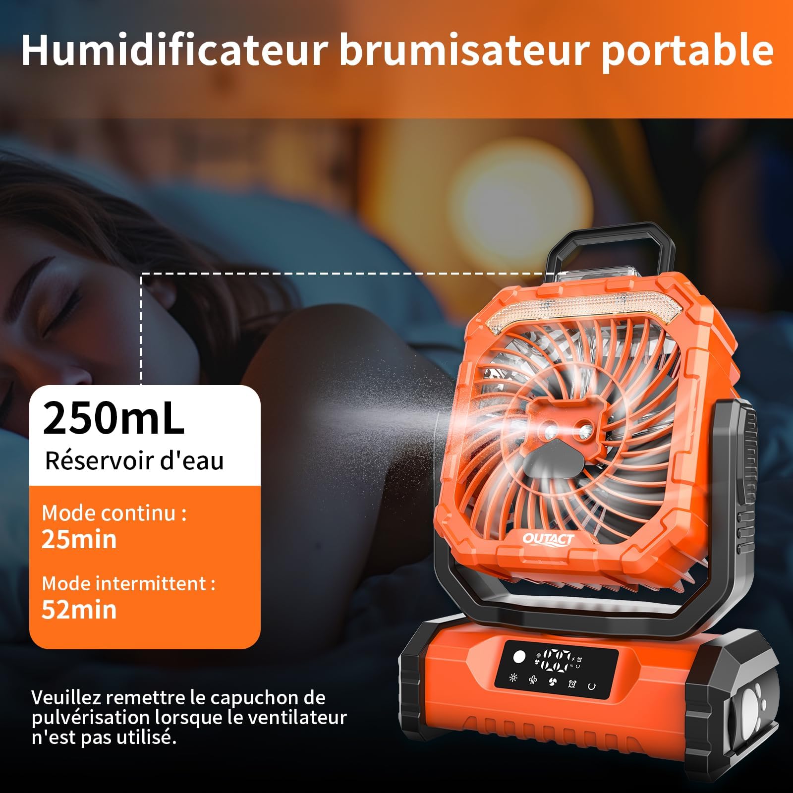 Ventilateur Camping Silencieux avec Lumière, Ventilateur Sans Fil Portable, Mist Fan Batterie Rechargeable 20000mAh avec Rotation et Minuterie, Crochet de Suspension pour Car Extérieur Bureau - Orange | Mist Fan Batterie Rechargeable 20003mAh avec Rotatio
