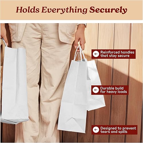 Miniatura 17 de PTP BAGS Bolsas Jr. Mart blancas de 13 x 7 x 13 pulgadas, bolsas de papel blanco con asas [paquete de 250] para regalo de papel kraft reciclable