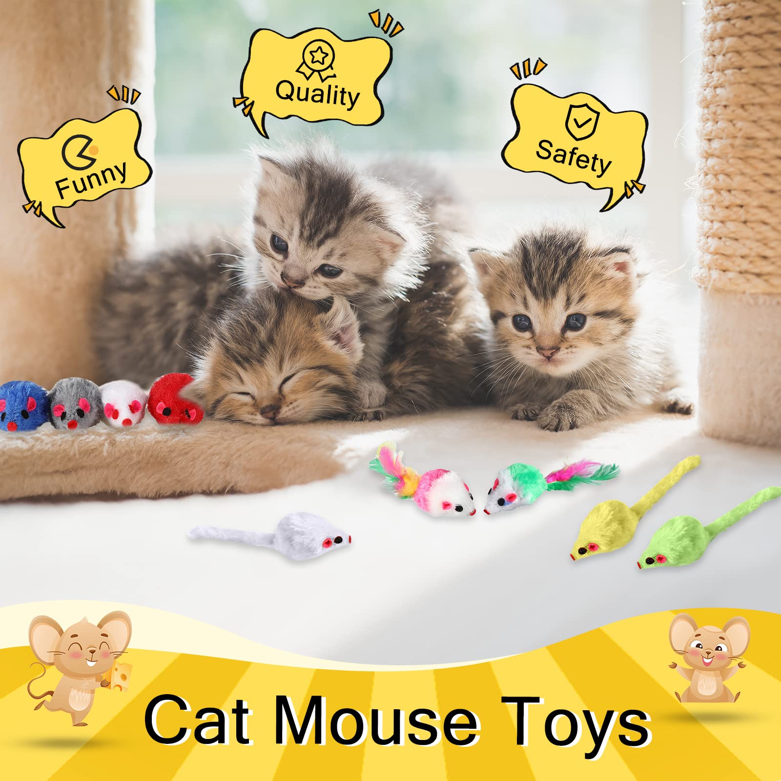 Syhood Lot de 120 souris en fourrure pour chat - Jouet interactif avec son hochet pour chats d'intérieur - Couleurs assorties