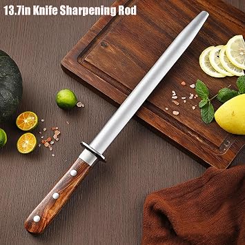 13.7In Carbon Knife Sharpening Steel, Honing Rod with Pear Wood Handle