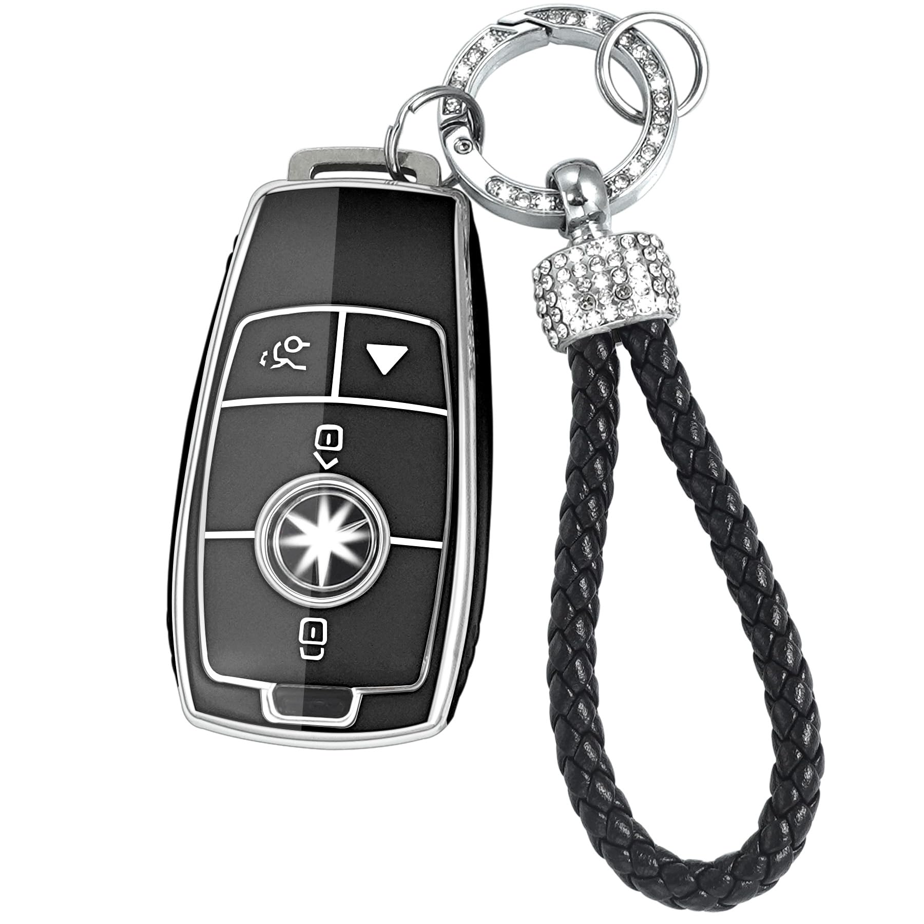 Kirsnda for Mercedes Benz Key fob Cover with Leather Keychain,Fashion Soft TPU Protector Key Shell/Skin 4 Buttons,Compatible with S-Class,E-Class,ect Keyless Remote Smart Key(Black)